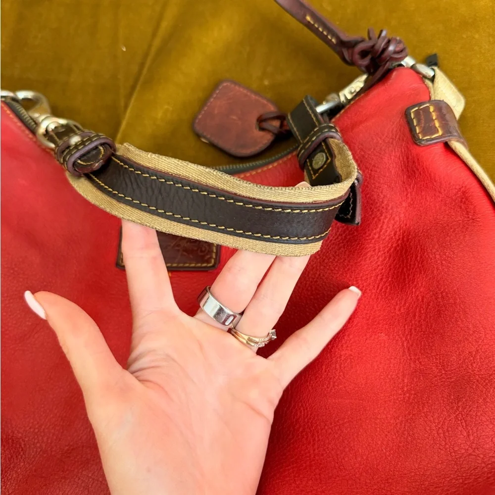 Dooney & Bourke Red Leather Shoulder Hobo with Brown Trim